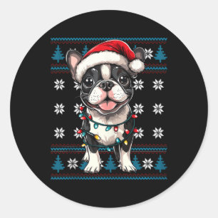 Boston Terrier Santa Xmas Tree Lights Bostie Ugly Runder Aufkleber