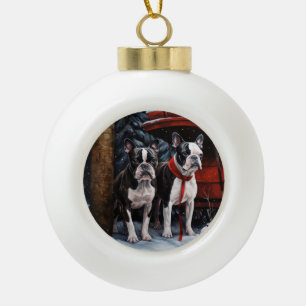 Boston Terrier Schnee-Schlitten Weihnachtsdekorati Keramik Kugel-Ornament