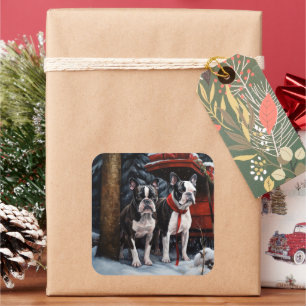Boston Terrier Schnee-Schlitten Weihnachtsdekorati Quadratischer Aufkleber
