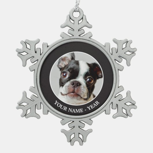 Boston Terrier Schneeflocken Zinn-Ornament (Vorderseite)