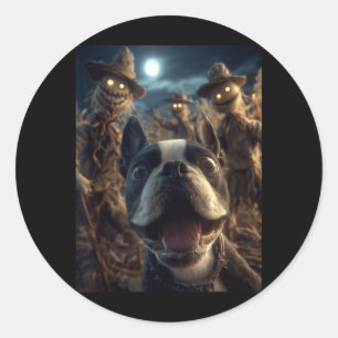 Boston Terrier Selfie mit Vogelscheuchen Gruselig Runder Aufkleber