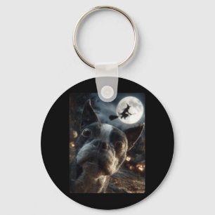 Boston Terrier Selfie Vollmond Fliegende Hexe Schlüsselanhänger
