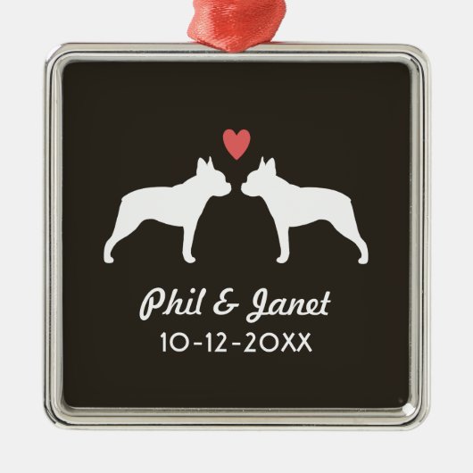 Boston Terrier Silhouetten Liebe Dogs Couple Custo Ornament Aus Metall (Vorne)