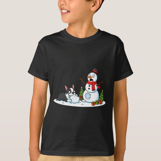 Boston Terrier Snowman Christmas Tree Xmas Womens T-Shirt (Vorderseite)