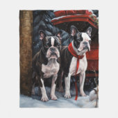 Boston Terrier Snowy Sleigh Weihnachtsdekor Fleecedecke (Vorderseite)