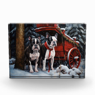 Boston Terrier Snowy Sleigh Weihnachtsdekor Fotoblock