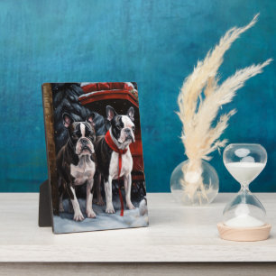 Boston Terrier Snowy Sleigh Weihnachtsdekor Fotoplatte