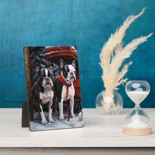 Boston Terrier Snowy Sleigh Weihnachtsdekor Fotoplatte (Seite)