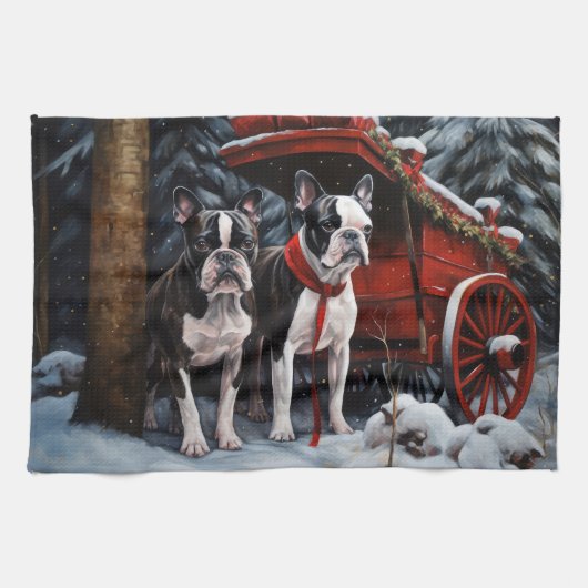 Boston Terrier Snowy Sleigh Weihnachtsdekor Geschirrtuch (Horizontal)