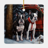 Boston Terrier Snowy Sleigh Weihnachtsdekor Keramikornament (Rückseite)