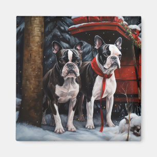 Boston Terrier Snowy Sleigh Weihnachtsdekor Magnet