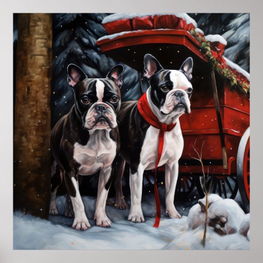 Boston Terrier Snowy Sleigh Weihnachtsdekor Poster (Vorne)