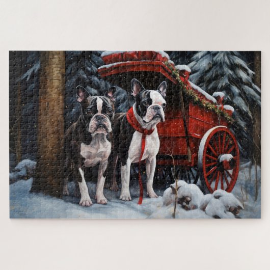Boston Terrier Snowy Sleigh Weihnachtsdekor Puzzle (Horizontal)