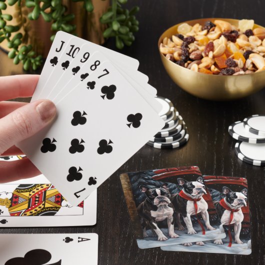 Boston Terrier Snowy Sleigh Weihnachtsdekor Spielkarten (In Situ)