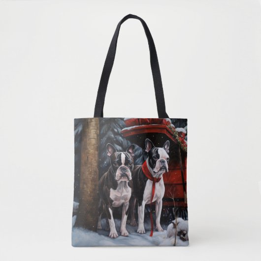 Boston Terrier Snowy Sleigh Weihnachtsdekor Tasche (Vorderseite)