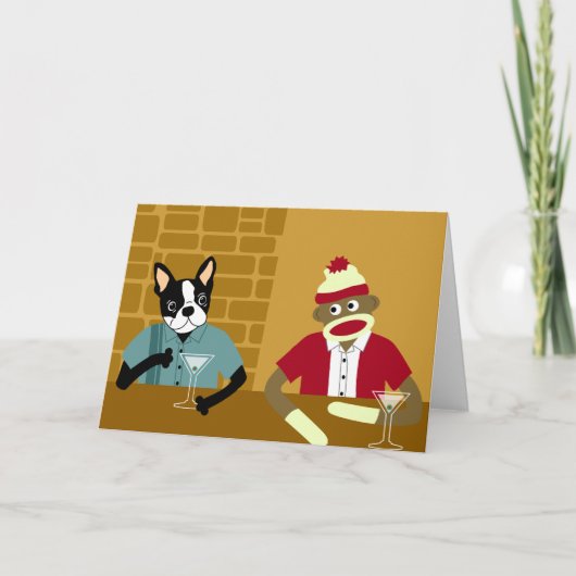 Boston Terrier & Sock Monkey Karte (Vorderseite)