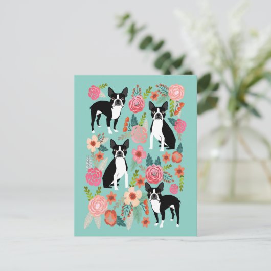 Boston Terrier Spring Flowers - cute boston Terrie Postkarte (Stehend Vorderseite)