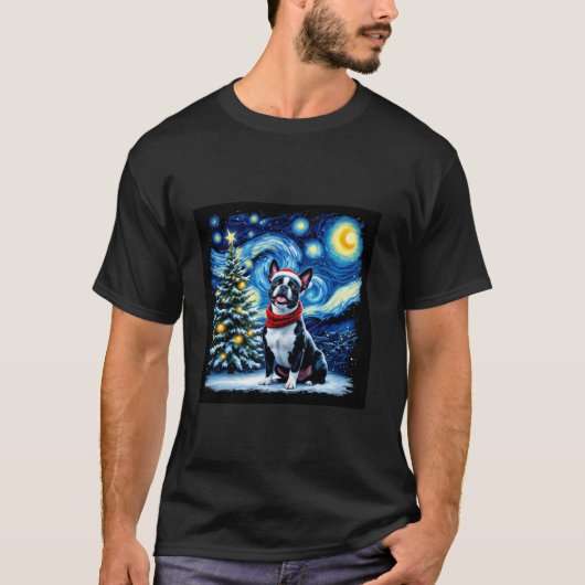 Boston Terrier Starry Night Christmas Van Gogh Dog T-Shirt (Vorderseite)