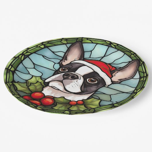 Boston Terrier Stected Glass Christmas Pappteller (Schrägansicht)