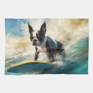 Boston Terrier Strand Surfen Malerei Geschirrtuch