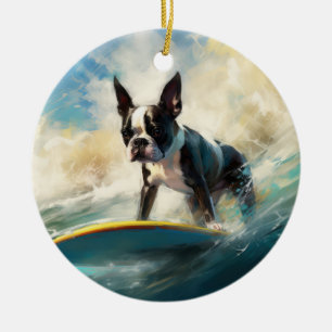 Boston Terrier Strand Surfen Malerei Keramik Ornament