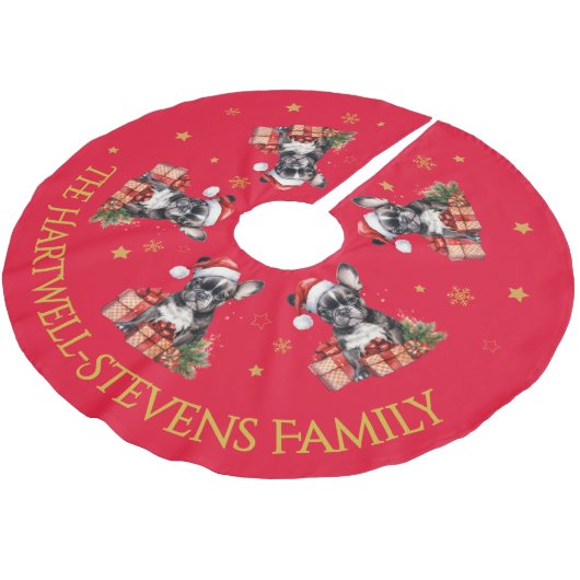 Boston Terrier trägt einen Weihnachtshut Polyester Weihnachtsbaumdecke (Schrägansicht)