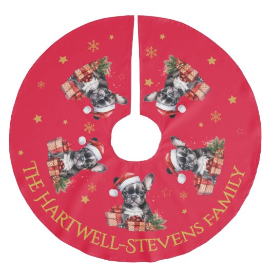 Boston Terrier trägt einen Weihnachtshut Polyester Weihnachtsbaumdecke (Vorderseite)