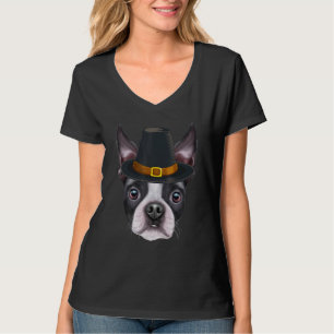 Boston Terrier trägt Pilgrim Hat Erntedank T-Shirt