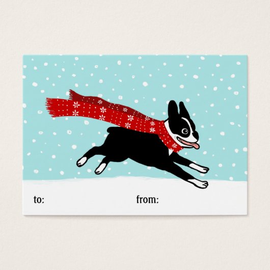 Boston Terrier trägt Red Scarf Holiday Geschenketi (Vorderseite)