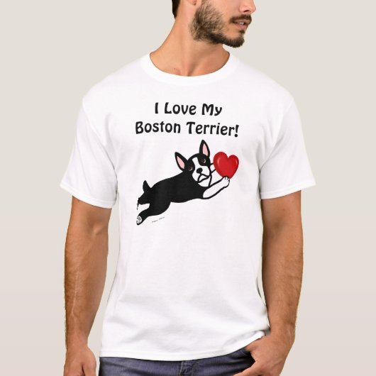 Boston-Terrier u. roter Herz-Cartoon T-Shirt (Vorderseite)