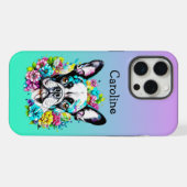 Boston Terrier umgeben von Personalisierten Blume iPhone Hülle (Rückseite (Horizontal))