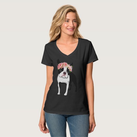 Boston Terrier und Blume Angepasst T-Shirt (Vorderseite Vollansicht)