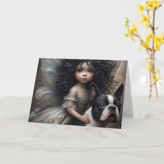 Boston Terrier und Fairy Karte (Gelbe Blume)