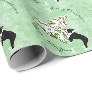 Boston Terrier und Weihnachtsbaum Geschenkpapier