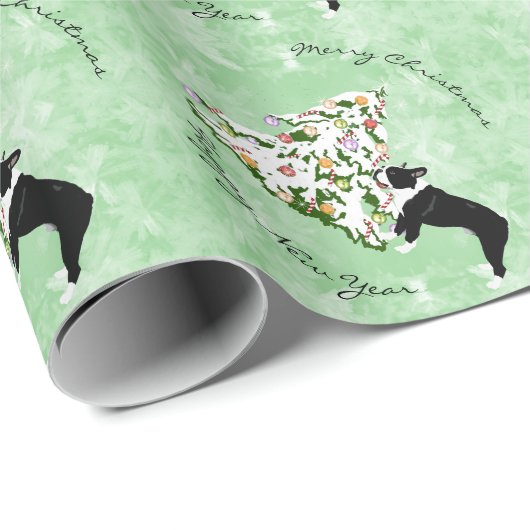 Boston Terrier und Weihnachtsbaum Geschenkpapier (Rolleneckpunkt)