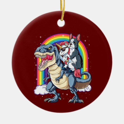 Boston Terrier Unicorn Riding Dinosaur Keramik Ornament (Vorne)