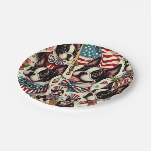 Boston Terrier Vintag Seamless Illustration Pappteller (Schrägansicht)