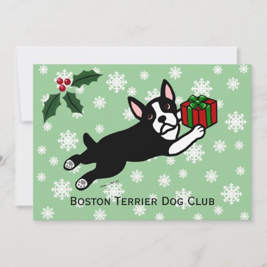 Boston Terrier Weihnachten 2 Cartoon Schneeflocken Einladung (Vorderseite)