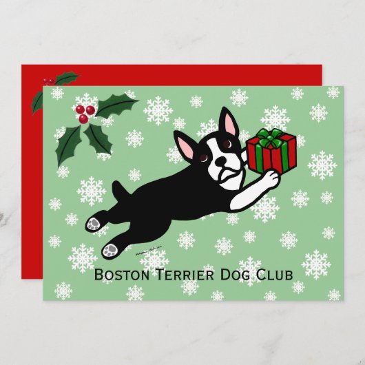Boston Terrier Weihnachten 2 Cartoon Schneeflocken Einladung (Vorne/Hinten)