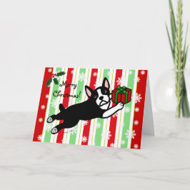 Boston-Terrier-Weihnachten 2 Cartoon-Schneeflocken Feiertagskarte