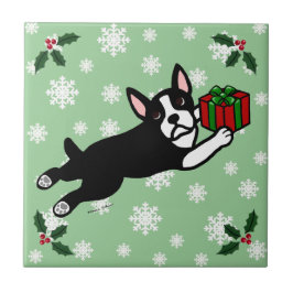 Boston-Terrier-Weihnachten 2 Cartoon-Schneeflocken Fliese