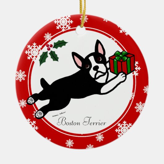 Boston Terrier Weihnachten 2 Cartoon Schneeflocken Keramik Ornament (Vorne)