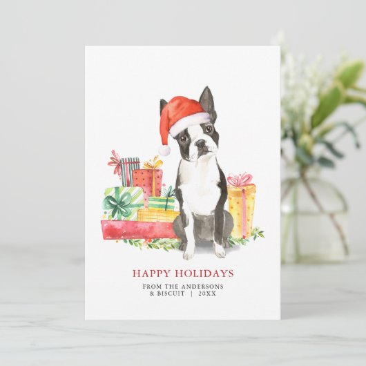 Boston Terrier Weihnachten präsentiert Urlaubskart (Stehend Vorderseite)