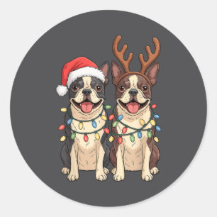Boston Terrier Weihnachten Santa Hut Rentier Licht Runder Aufkleber