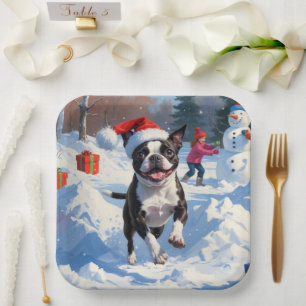 Boston Terrier Weihnachtliche Schneelandschaft Pappteller
