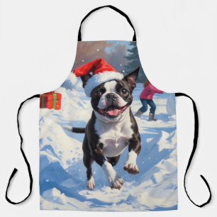 Boston Terrier Weihnachtliche Schneelandschaft Schürze