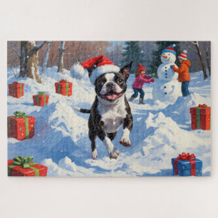 Boston Terrier Weihnachtliche Schneeszene Puzzle