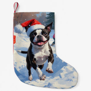 Boston Terrier Weihnachtliches Schneeszenario Kleiner Weihnachtsstrumpf