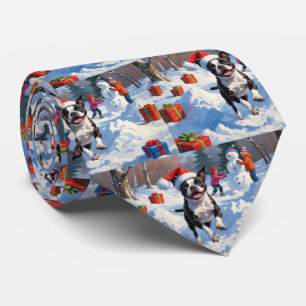 Boston Terrier Weihnachtliches Schneeszenario Krawatte