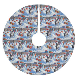 Boston Terrier Weihnachtliches Schneeszenario Polyester Weihnachtsbaumdecke